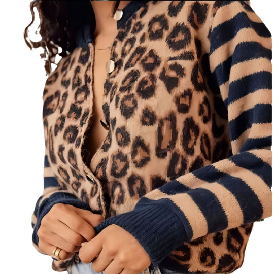 Damen Modische Jacke mit Tiermuster und gestreiften Ärmeln EB