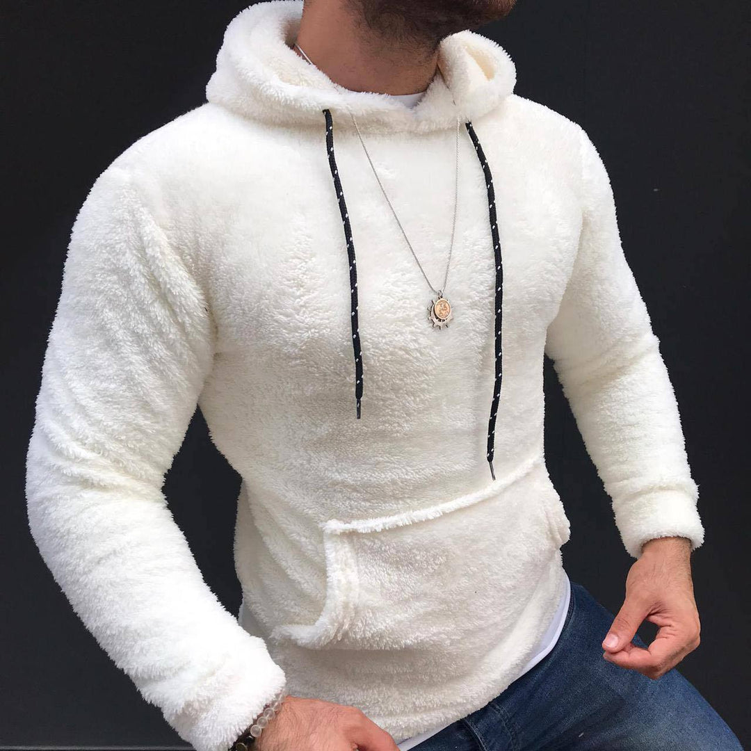 Herren nan Teddy-Plüsch Kapuzenpullover mit schmaler Passform und Kängurutasche EB