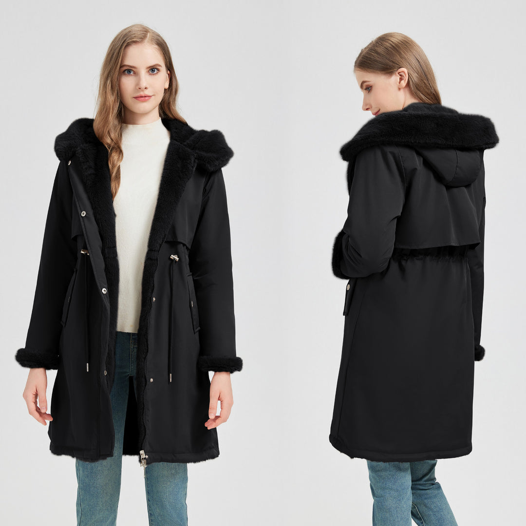 Damen nan langer Parka mit abnehmbarer Kunstfellkapuze und taillenverstellendem Kordelzug EB