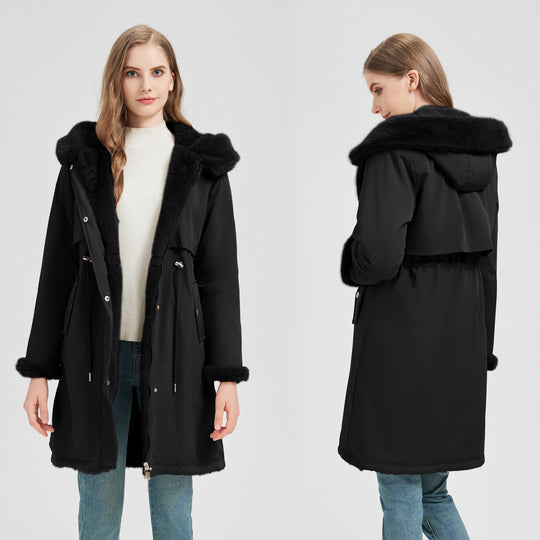 Damen nan langer Parka mit abnehmbarer Kunstfellkapuze und taillenverstellendem Kordelzug EB