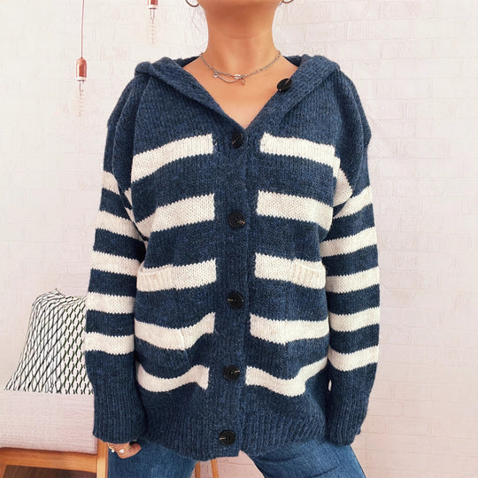 Damen oversized Strickjacke mit kontrastierenden Streifen und Kapuze EB
