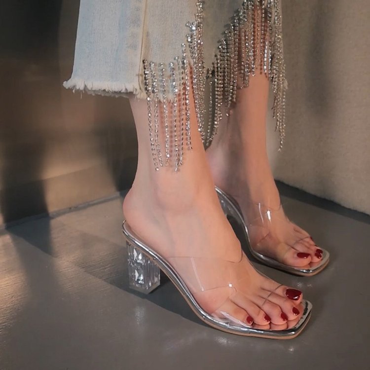 Damen elegante transparente Mules mit glitzerndem Blockabsatz EB