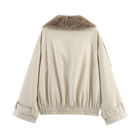 Damen modische Jacke mit kunstvollem Fellkragen und doppelter Knopfblende EB