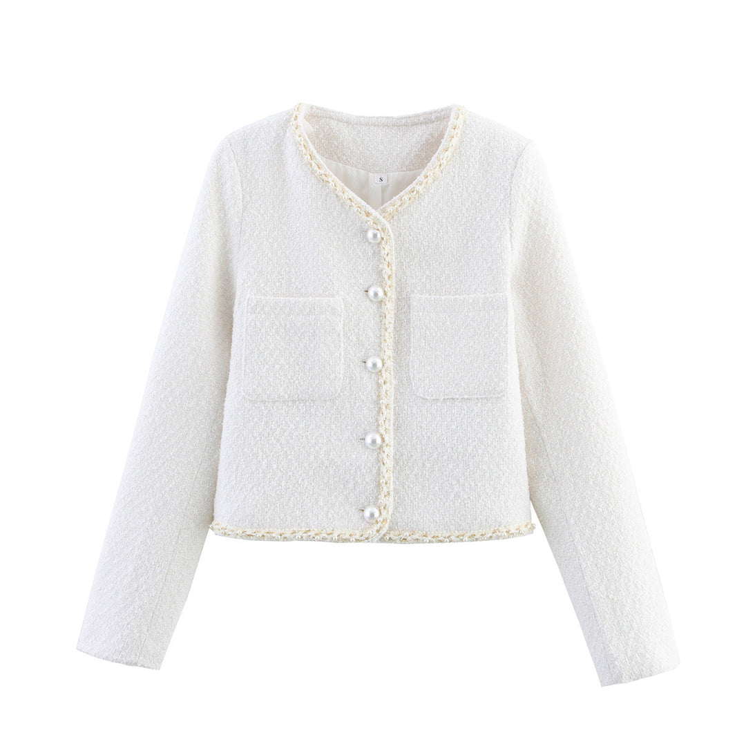 Damen modische Bouclé-Jacke mit eleganten Taschen und perlverzierten Knöpfen EB