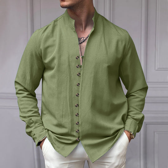 Herren nan elegantes Langarm-Leinenhemd mit Stehkragen asymmetrischer Knopfleiste und schmaler Passform EB