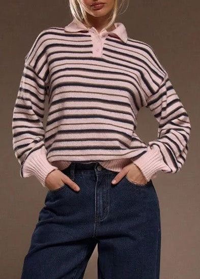 Damen gestreifter Pullover mit Polokragen EB