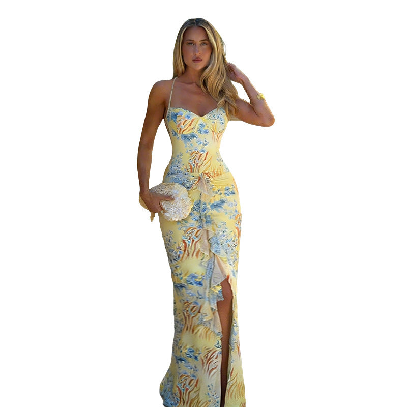 Damen figurbetontes Maxikleid mit floralem Muster und sexy Schlitz EB