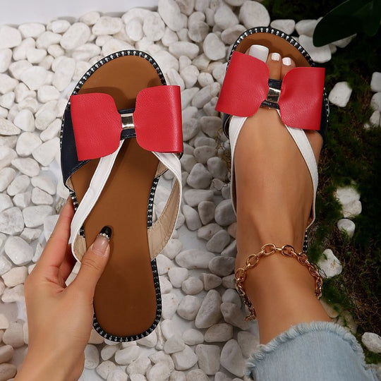 Damen modische Zehentrenner-Sandalen mit eleganten Schleifen und komfortablem Fußbett EB