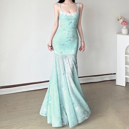 Damen Maxikleid mit floralem Druck und eleganter Spitzenborte EB