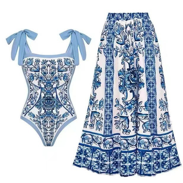 Damen Badeanzug mit floralem Druck und passendem Wickelrock EB