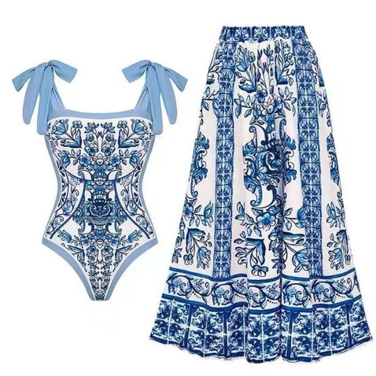 Damen Badeanzug mit floralem Druck und passendem Wickelrock EB