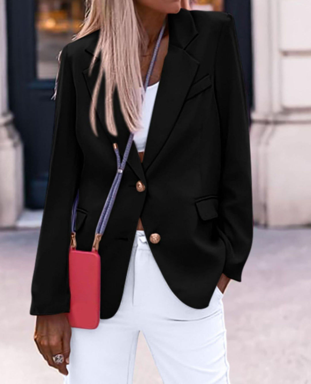 Damen Eleganter Einreiher Blazer mit goldenen Knöpfen und tailliertem Schnitt EB