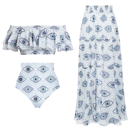 Damen Bikiniset mit voluminösem Rock und Rüschenoberteil EB