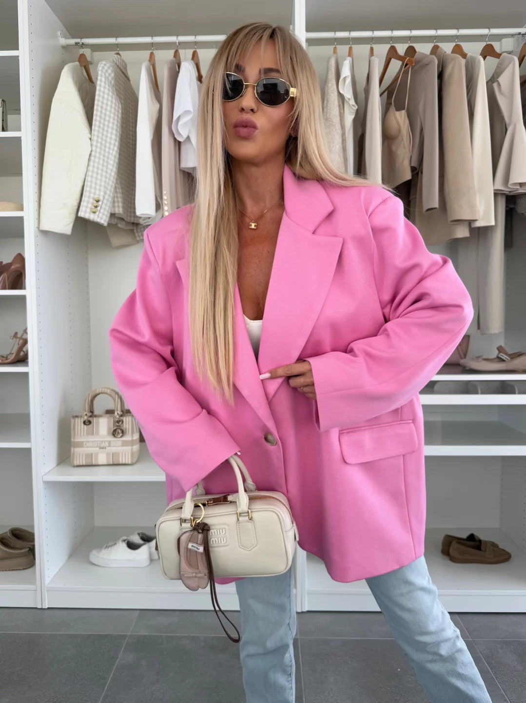 Damen Elegante Oversized Blazerjacke mit tiefem Revers und praktischen Taschen EB