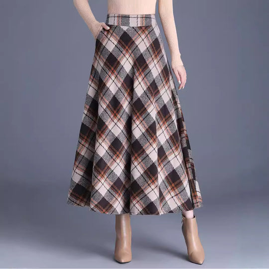 Damen nan weiter karierter Tellerrock aus Wollmix mit hoher Taille und Eingrifftaschen EB
