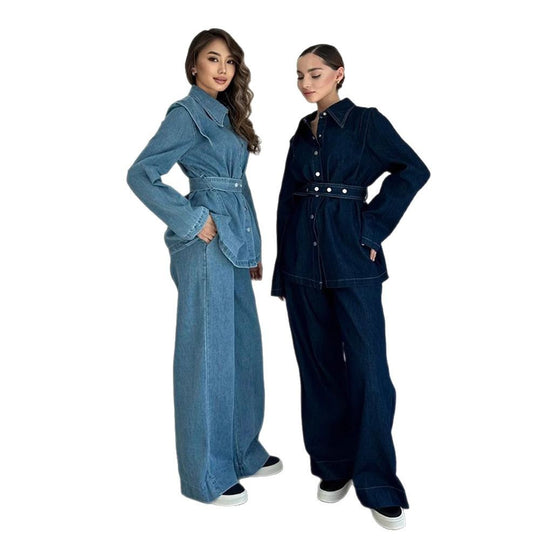 Damen Denim-Jumpsuit mit elegantem Gürtel und weitem Bein EB