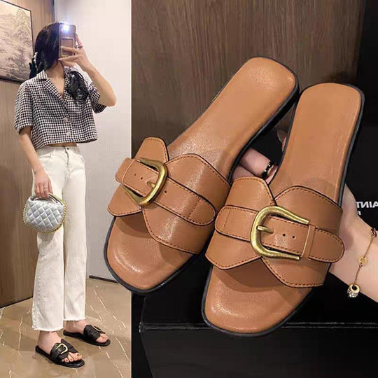 Damen modische Badeschuhe mit trendigem Riemen und goldfarbener Schnalle EB