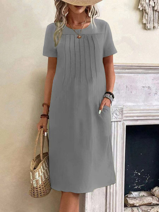 Damen lässiges Midi-Kleid mit Falten-Design und praktischen Taschen EB