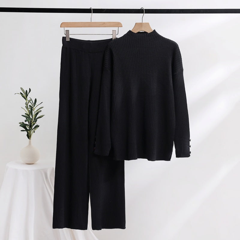 Damen lässiger Strickanzug mit Stehkragen und Knopfdetails EB