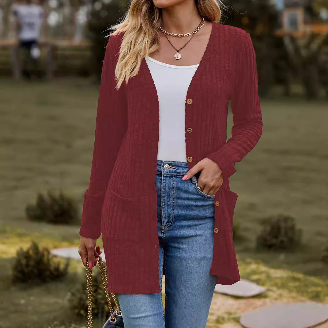 Damen nan langer gerippter Strickcardigan mit Eingrifftaschen und Holzknöpfen EB