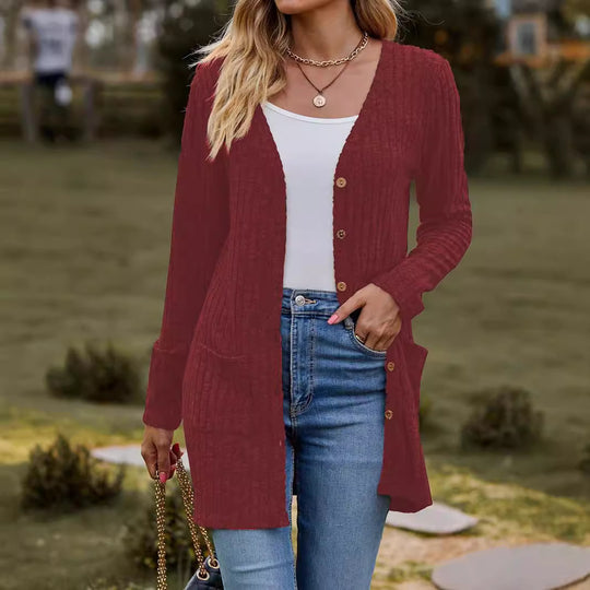 Damen nan langer gerippter Strickcardigan mit Eingrifftaschen und Holzknöpfen EB