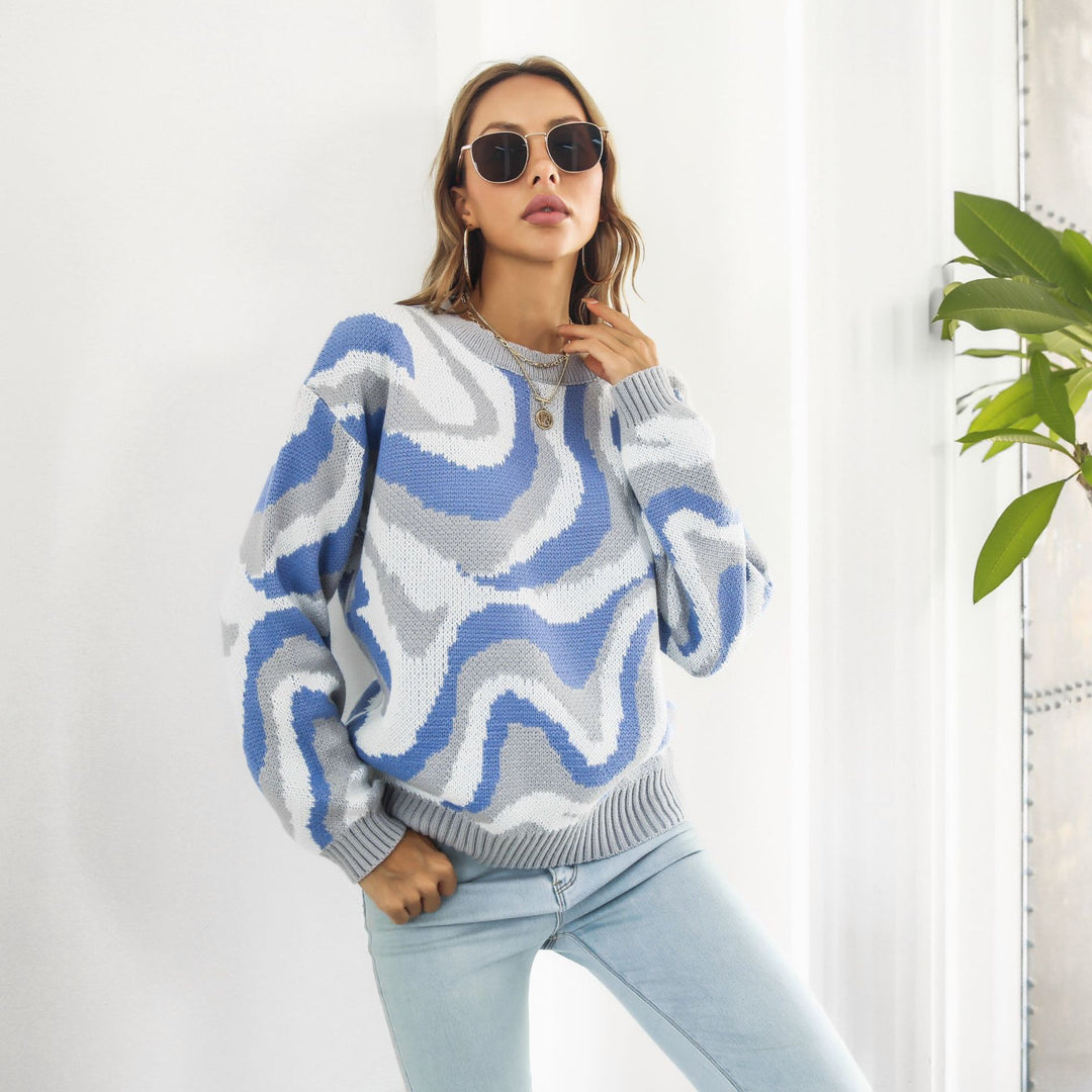 Damen lässiger Pullover mit einzigartigem Wellenmuster EB