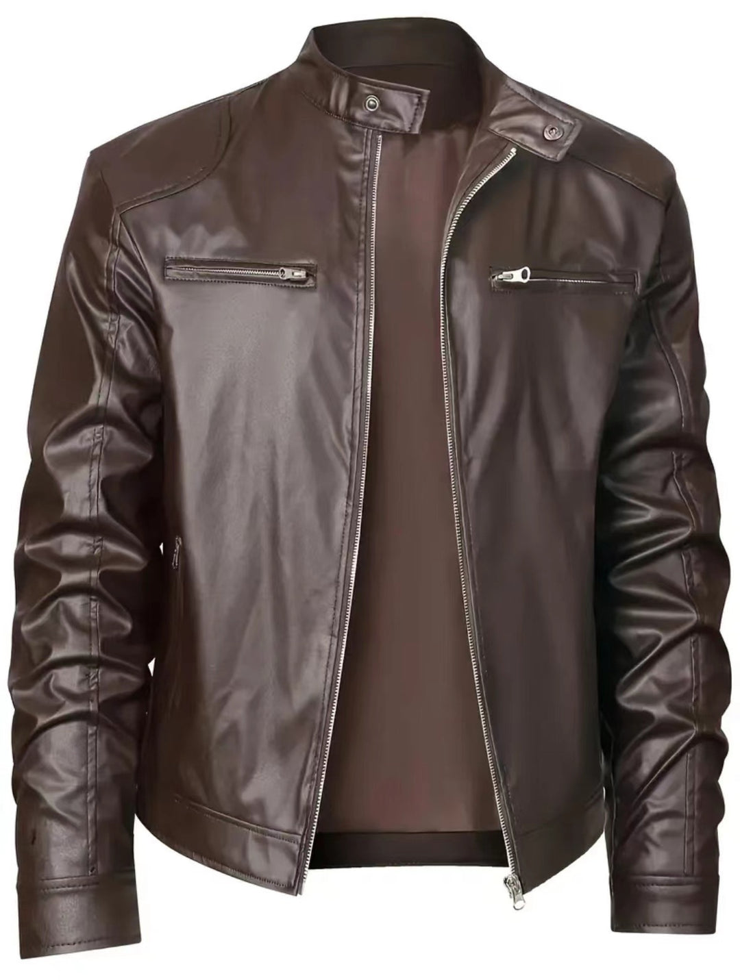 Herren nan schlanke Kunstleder-Bikerjacke mit Stehkragen, durchgehendem Reißverschluss und zwei Brusttaschen EB