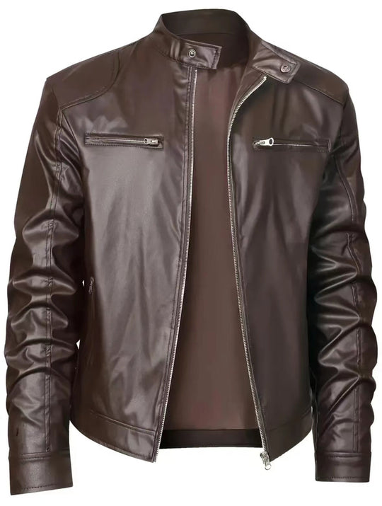 Herren nan schlanke Kunstleder-Bikerjacke mit Stehkragen, durchgehendem Reißverschluss und zwei Brusttaschen EB