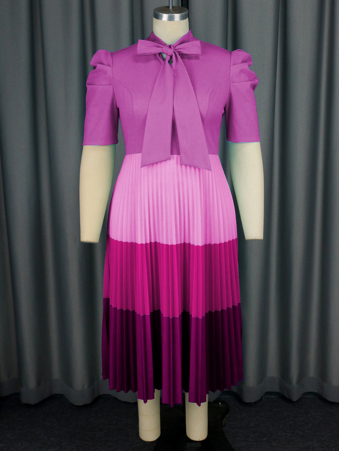 Damen Elegantes Plisseekleid mit Schleifenkragen EB