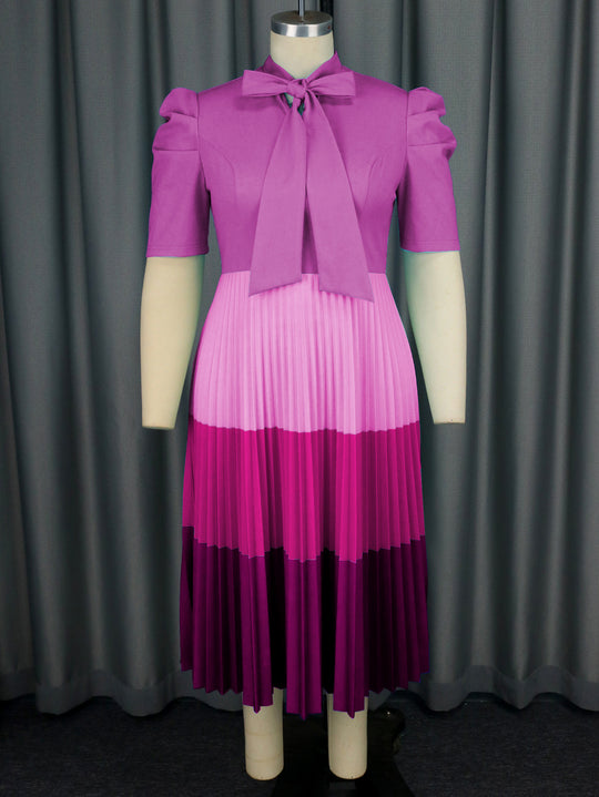 Damen Elegantes Plisseekleid mit Schleifenkragen EB
