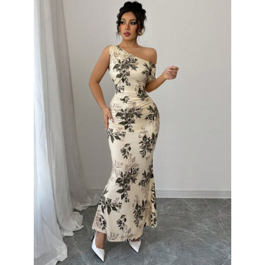 Damen Maxikleid mit asymmetrischem Ausschnitt und floralen Mustern EB