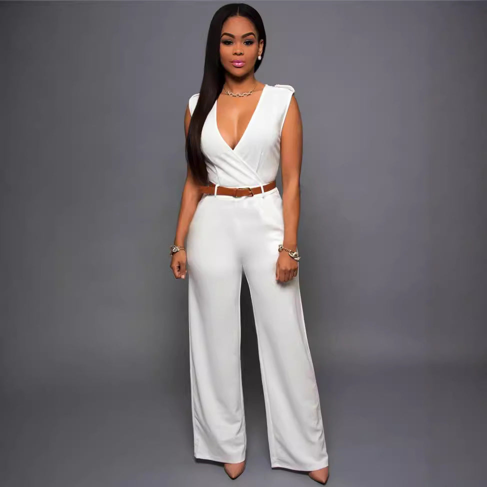 Damen Eleganter Wickel-Jumpsuit mit weitem Bein und Taillengürtel EB