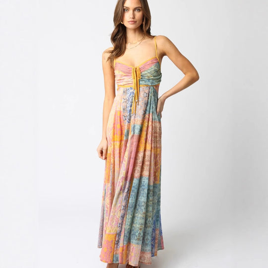 Damen Maxikleid mit floralem Patchwork-Design und verstellbaren Spaghettiträgern Heidi-Mode