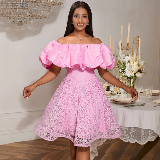 Damen A-Linien Kleid mit floralen Spitzenapplikationen und voluminösen Puffärmeln EB