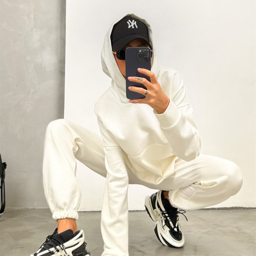 Damen nan Cropped Kapuzenpullover und taillierte Bündchen-Jogginghose Set aus schwerem French Terry EB