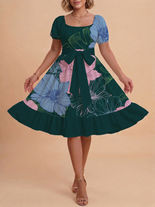 Damen Blumenkleid mit taillierbarem Gürtel und voluminösen Ärmeln EB