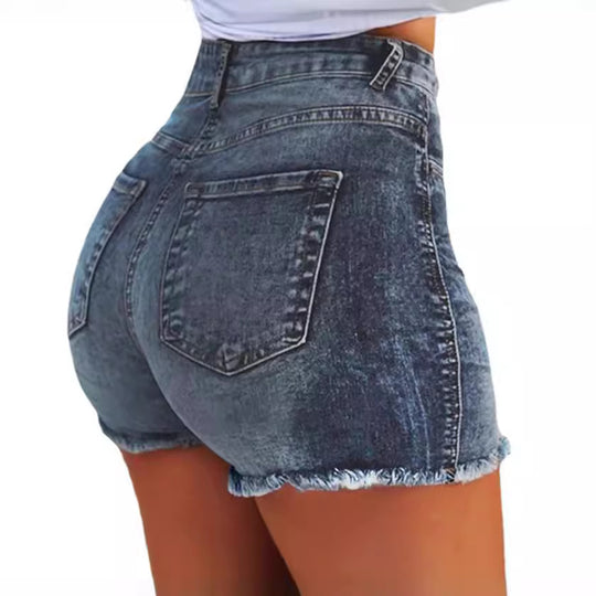 Damen Hochtaillierte Jeans-Shorts mit fransigem Saum EB