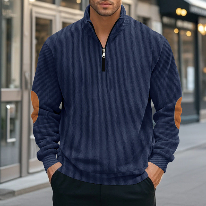 Herren nan Troyer-Halbfleecepullover mit Rippstruktur, elastischen Bündchen und Kontrast-Ellenbogenpatches EB