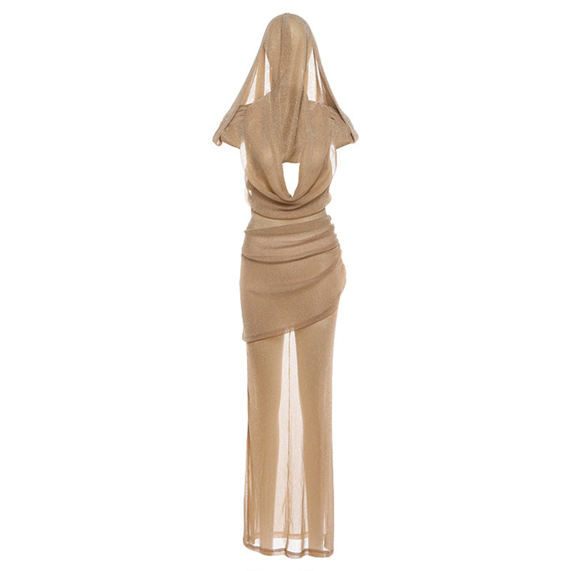 Damen Elegantes Maxikleid mit tiefem Pracht-Ausschnitt und durchscheinendem Stoff EB