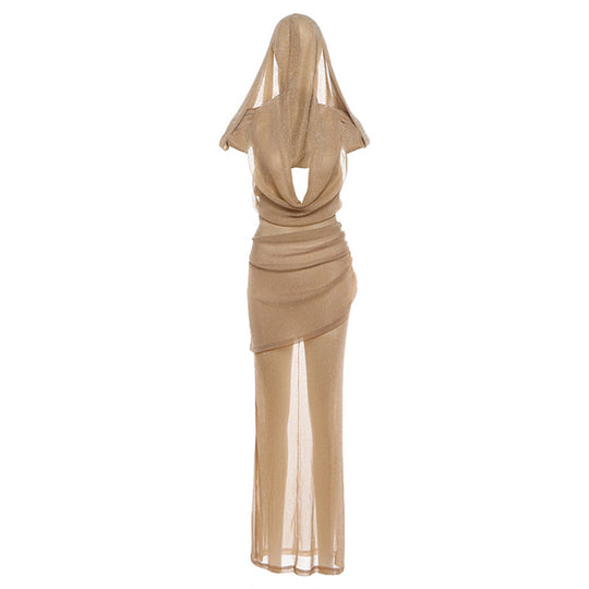 Damen Elegantes Maxikleid mit tiefem Pracht-Ausschnitt und durchscheinendem Stoff EB