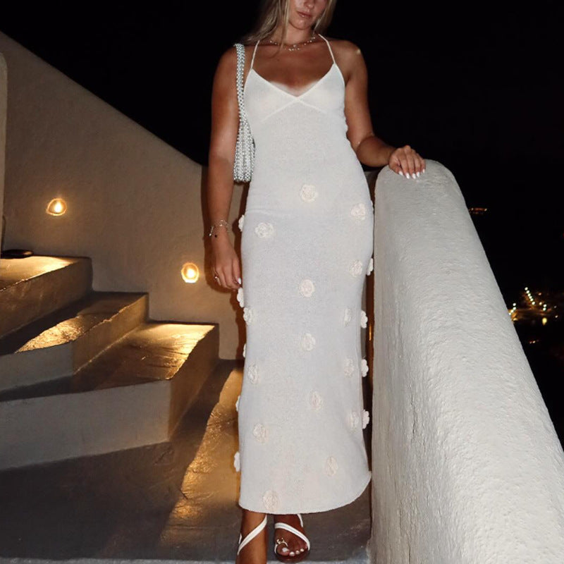 Damen elegantes Häkel-Maxikleid mit floralem Design EB