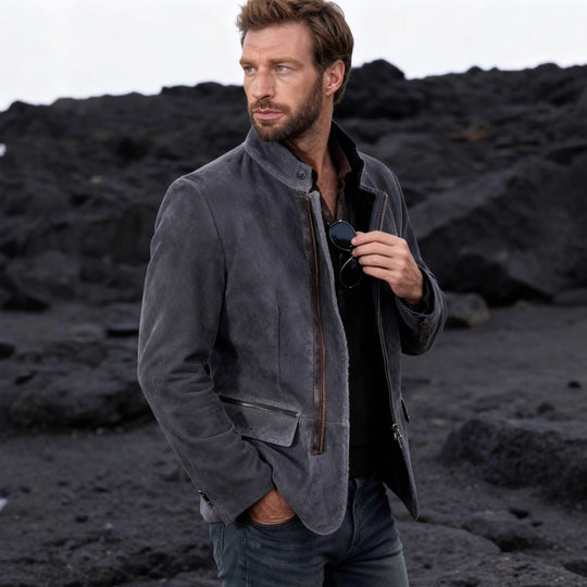 Herren nan elegante Wildlederjacke mit Stehkragen und verdecktem Reißverschluss EB