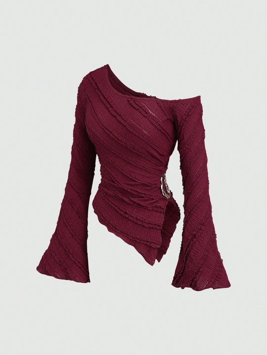 Damen asymmetrisches Oberteil mit strukturiertem Design und Wickelverschluss EB