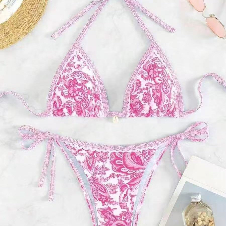 Damen Triangel-Bikini mit floralem Muster und verstellbaren Bindebändern EB