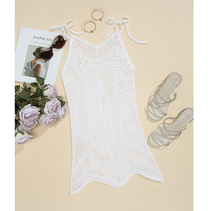Damen Häkel-Strandkleid mit verstellbaren Trägern und dekorativem Netzdesign EB