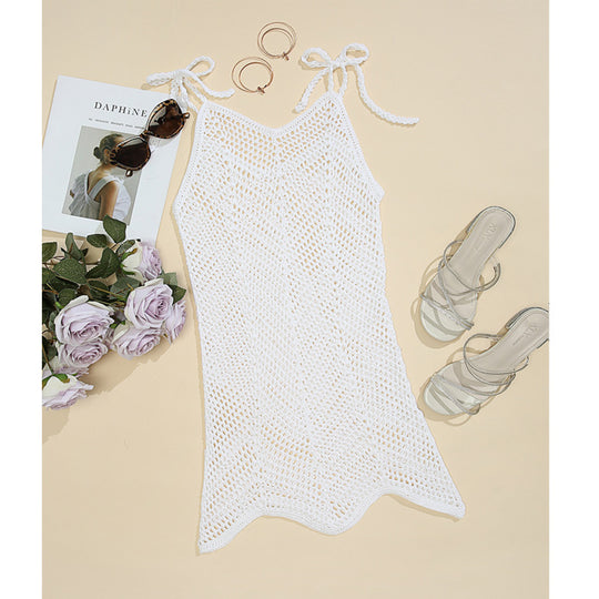Damen Häkel-Strandkleid mit verstellbaren Trägern und dekorativem Netzdesign EB