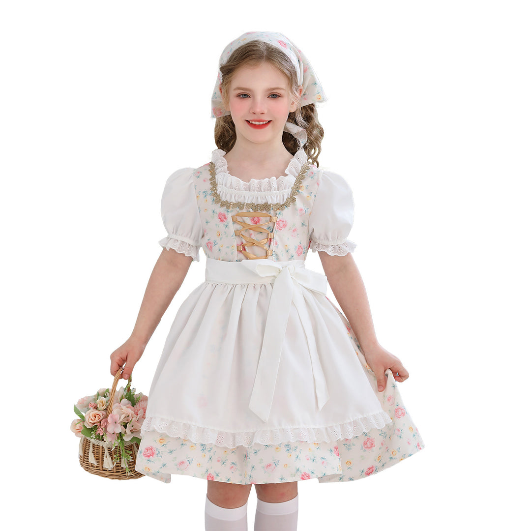 Damen nan traditionelles Dirndlkleid für Mädchen mit bestickter Schürze, Rüschenkragen und passendem Kopftuch EB