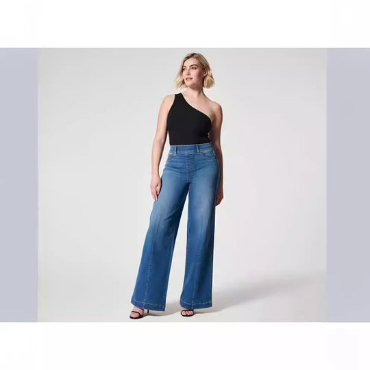 Damen weite High-Waist Jeans mit eleganter Schnittführung und markanten Nahtdetails EB