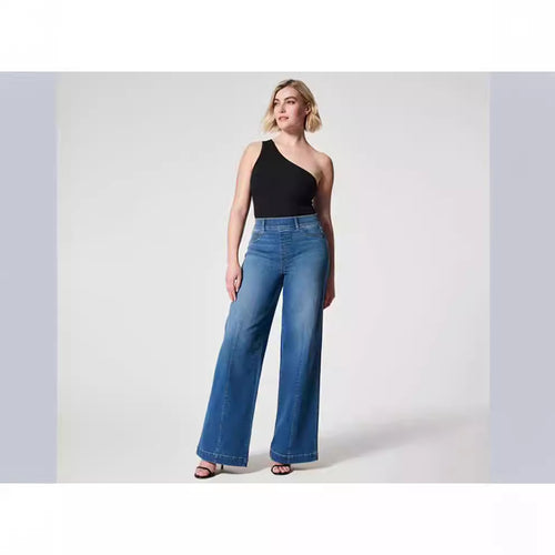 Damen weite High-Waist Jeans mit eleganter Schnittführung und markanten Nahtdetails EB