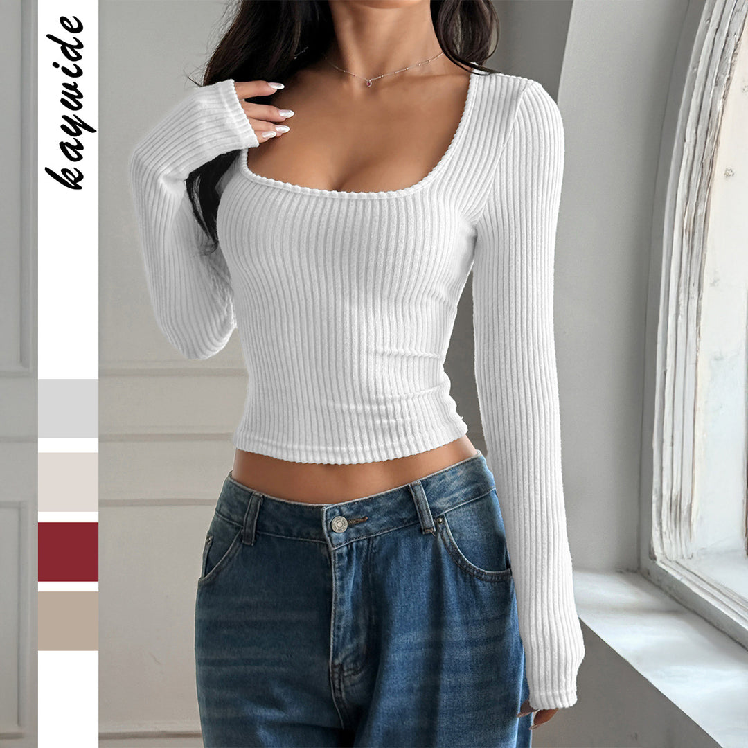 Damen nan tailliertes Rippstrick-Longsleeve mit tiefem quadratischem Ausschnitt und formendem Shaping-Effekt EB
